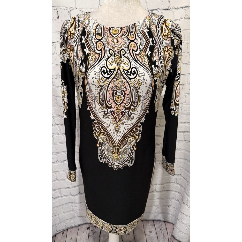 Donna Morgan Shift Dress Womens Size 2 Black Paisley Scroll Boho Stretch Lined